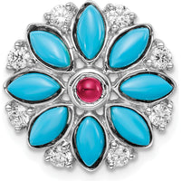 14K White Gold Floral Pendant with Lab-Created Ruby, Turquoise, and White Topaz - 0.165 Carat Lab-Created Ruby, 0.147 Carat Turquoise, 0.04 Carat White Topaz by Lumare Gioia