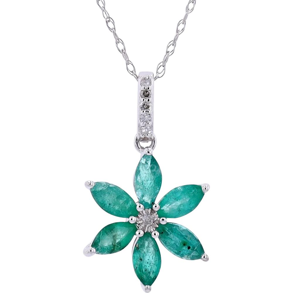 14K White Gold Floral Pendant with Marquise Emerald Petals and Diamond Center - 0.01 Carats Total Diamond Weight