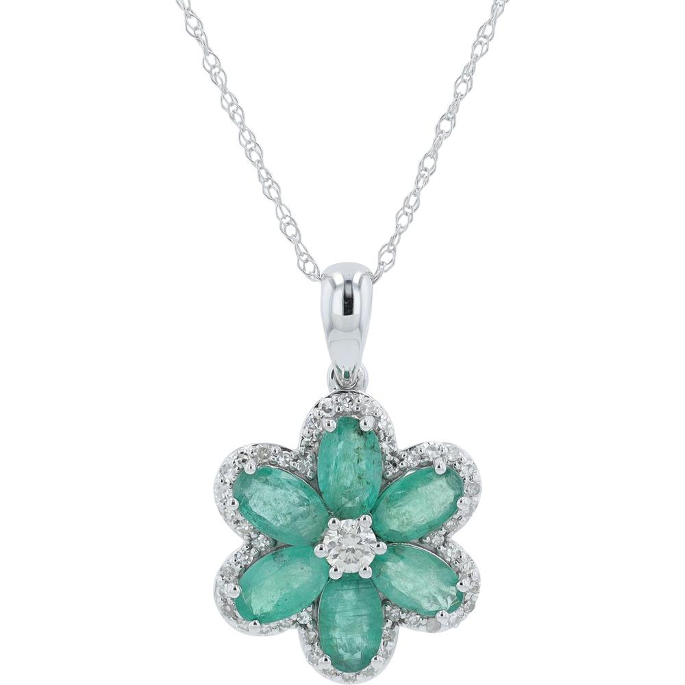 14K White Gold Floral Pendant with Oval-Cut Emeralds and Round Diamond Accents - 0.21 Carats Total Diamond Weight