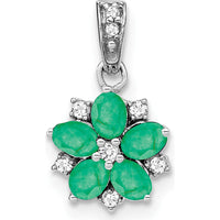 14K White Gold Floral Pendant with Oval Emeralds and Round Diamonds - 0.162 Carat Total Emerald Weight, 0.037 Carat Total Diamond Weight by Lumare Gioia