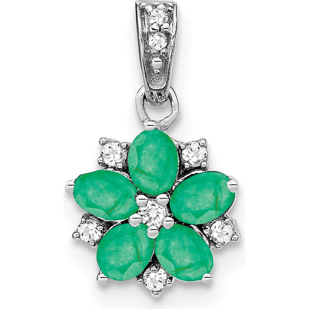 14K White Gold Floral Pendant with Oval Emeralds and Round Diamonds - 0.162 Carat Total Emerald Weight, 0.037 Carat Total Diamond Weight by Lumare Gioia