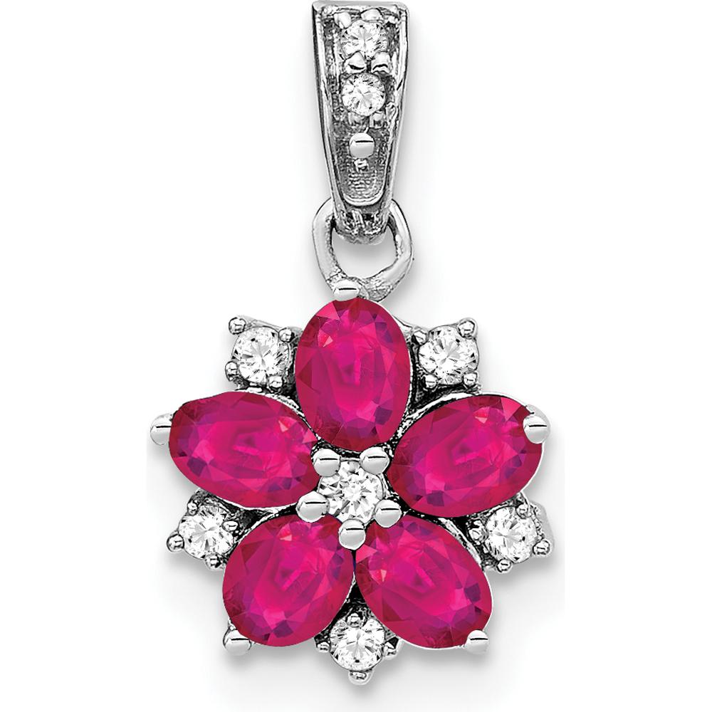 14K White Gold Floral Pendant with Oval Rubies and Round Diamonds - 0.162 Carat Ruby, 0.037 Carat Diamond Total Weight by Lumare Gioia