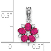 14K White Gold Floral Pendant with Oval Rubies and Round Diamonds - 0.162 Carat Ruby, 0.037 Carat Diamond Total Weight by Lumare Gioia