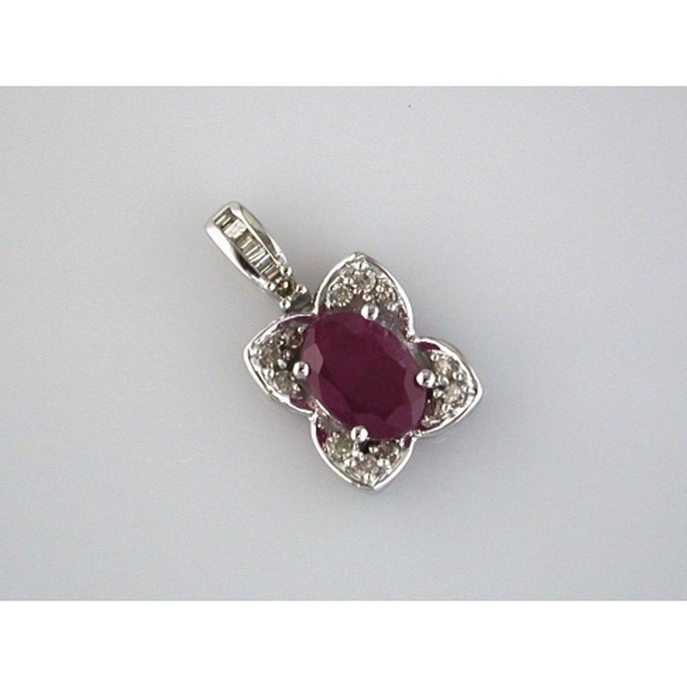 14K White Gold Floral Pendant with Oval Ruby and Round Diamond Accents - 1.00 Carat Ruby and 0.10 Carat Total Diamond Weight - Royal Jewelry