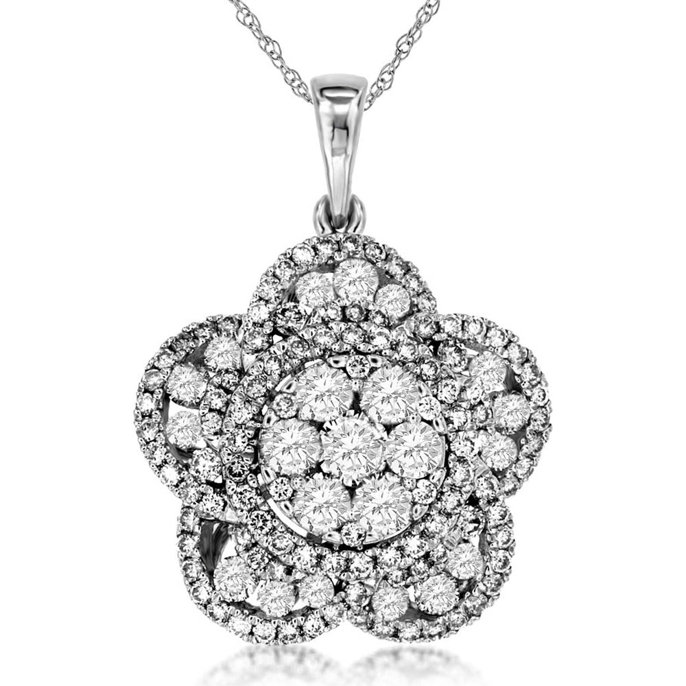 14K White Gold Floral Pendant with Pavé-Set Round Diamond Cluster and Milgrain Petal Edging - 1.00 Carat Total Diamond Weight - Royal Jewelry