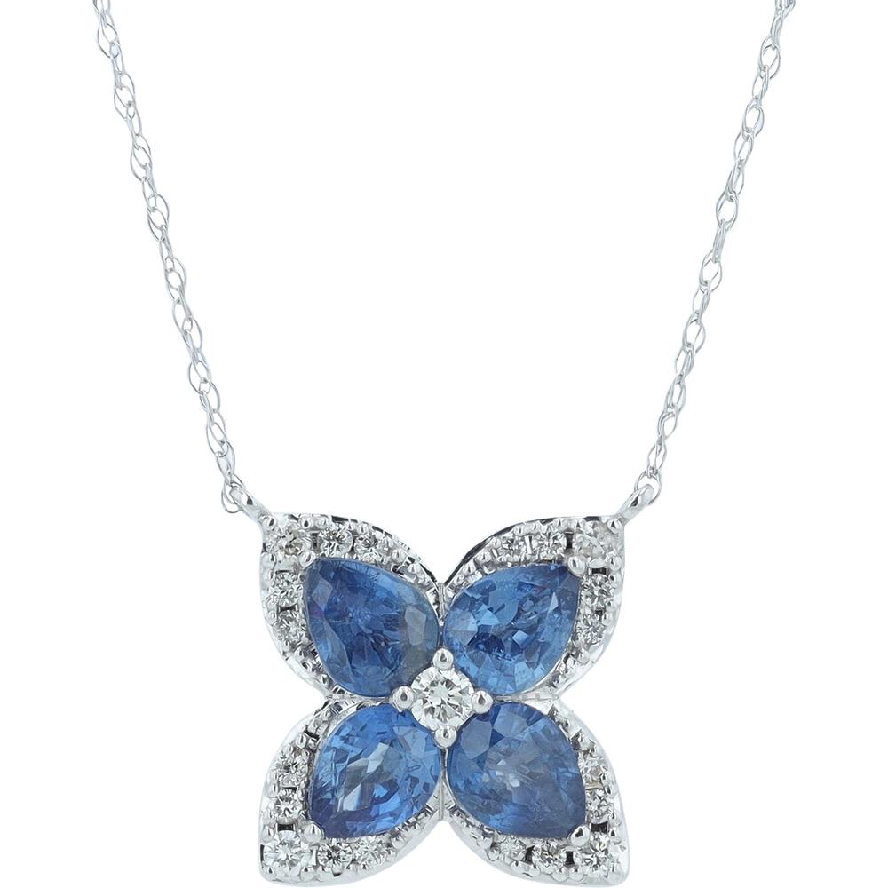 14K White Gold Floral Pendant with Pear-Shaped Blue Sapphires and Diamond Halo - 1.55 Carats Total Gemstone Weight