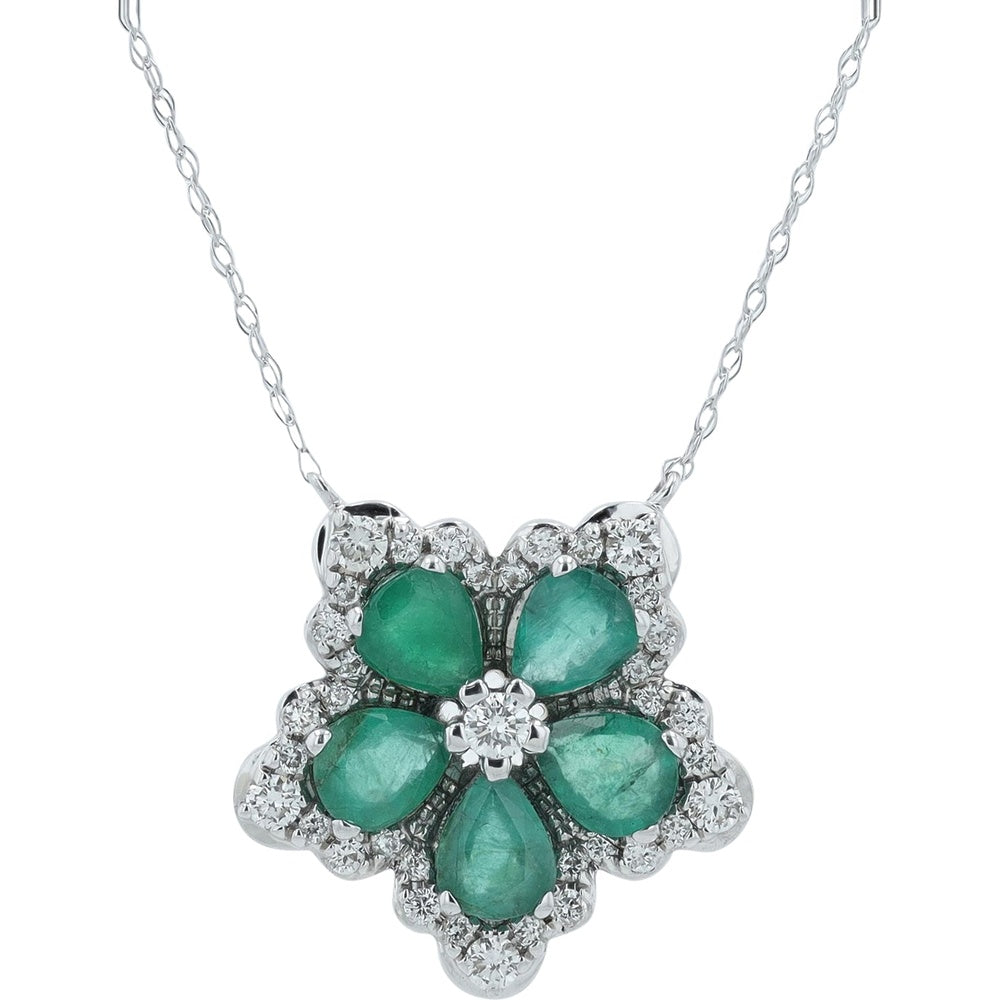 14K White Gold Floral Pendant with Pear-Shaped Emeralds and Halo Diamonds - 1.25 Carat to 1.75 Carat Emerald Weight and 0.75 Carat Diamond Weight
