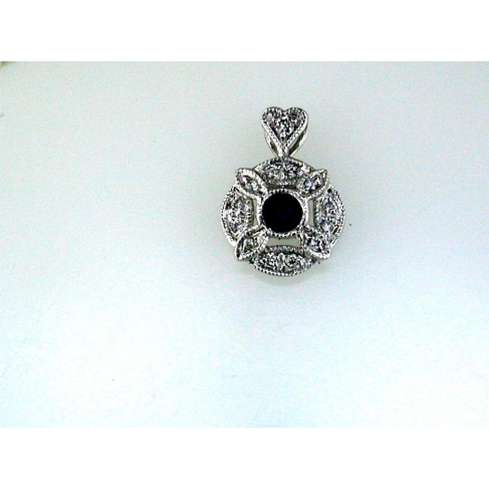 14K White Gold Floral Pendant with Round Sapphire Center and Round Diamond Halo Accents - 0.17 Carat Sapphire and 0.07 Carat Total Diamond Weight - Royal Jewelry