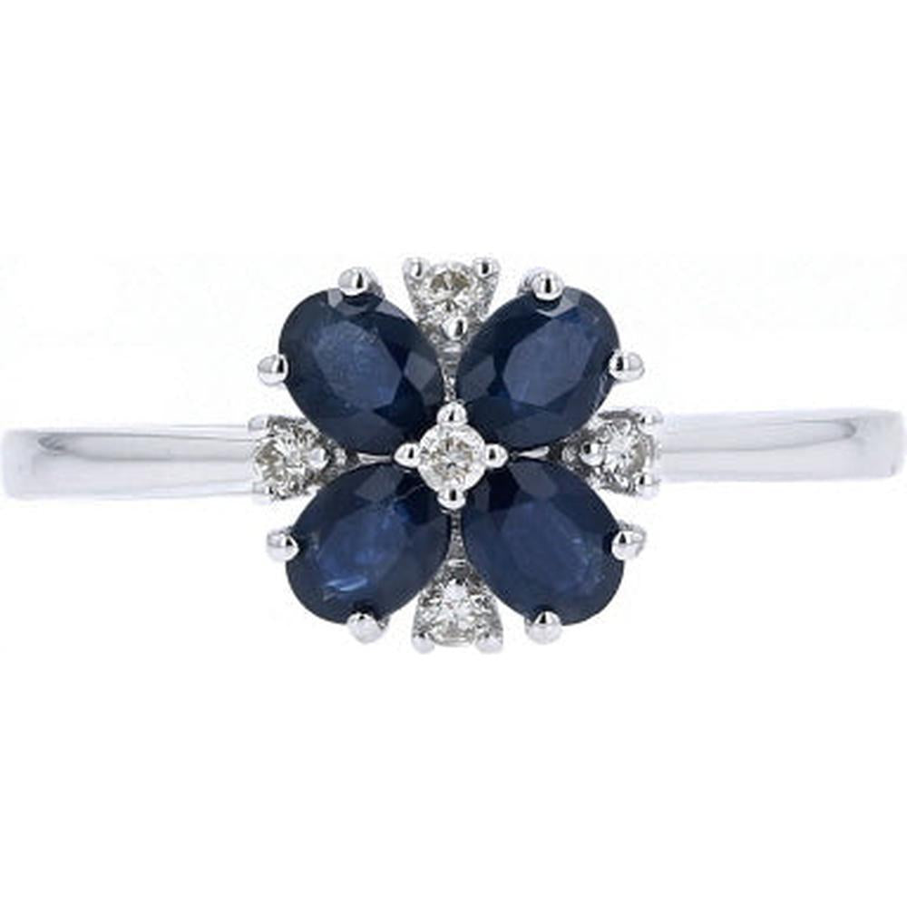 14K White Gold Floral Ring with Pear-Shaped Sapphires and Diamond Accents - 0.14 Carats Total Diamond Weight