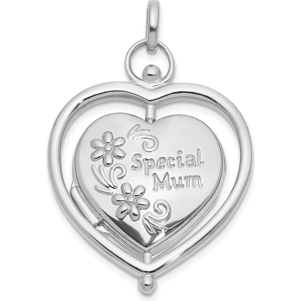 14K White Gold Floral "Special Mum" Reversible Heart Locket with Movable Charm and Rhodium Plating by Oro Pregiato