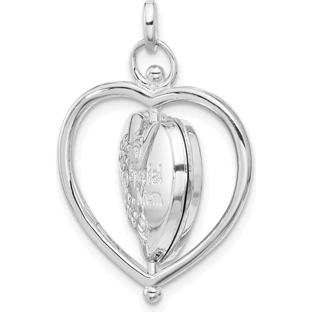 14K White Gold Floral "Special Mum" Reversible Heart Locket with Movable Charm and Rhodium Plating by Oro Pregiato