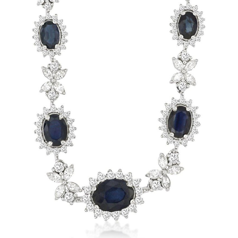 14K White Gold Floral Station Necklace with Diamond Halos and Oval Sapphires - 9.95 Carat Total Sapphire Weight and 2.20 Carat Center Stone - Royal Jewelry