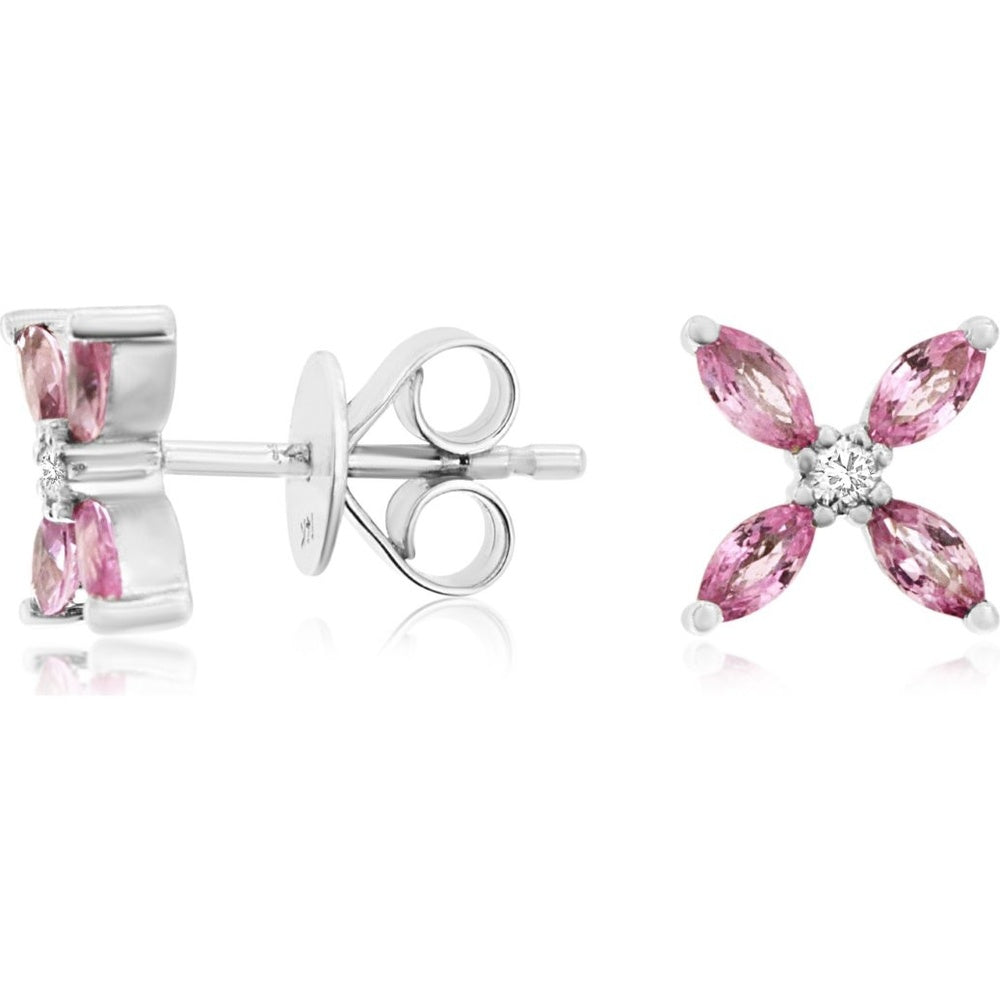 14K White Gold Floral Stud Earrings with Marquise Pink Sapphires and Round Diamonds - 0.62 Carat Total Pink Sapphire Weight and 0.05 Carat Total Diamond Weight - Royal Jewelry