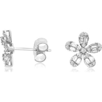 14K White Gold Floral Stud Earrings with Round and Baguette Cut Diamonds - 0.25 Carat Total Diamond Weight - Royal Jewelry