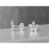 14K White Gold Floral Stud Earrings with Round and Baguette Cut Diamonds - 0.25 Carat Total Diamond Weight - Royal Jewelry