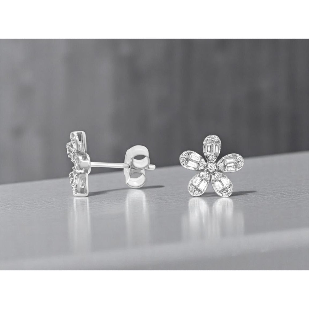14K White Gold Floral Stud Earrings with Round and Baguette Cut Diamonds - 0.25 Carat Total Diamond Weight - Royal Jewelry