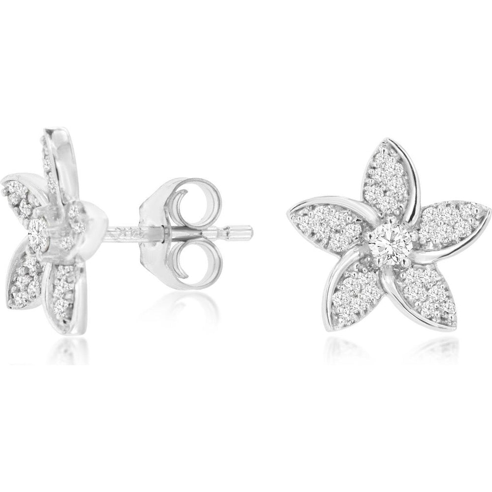 14K White Gold Floral Stud Earrings with Round Center and Pavé Diamond Petals - 0.26 Carat Total Diamond Weight - Royal Jewelry