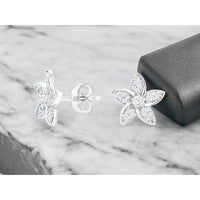 14K White Gold Floral Stud Earrings with Round Center and Pavé Diamond Petals - 0.26 Carat Total Diamond Weight - Royal Jewelry