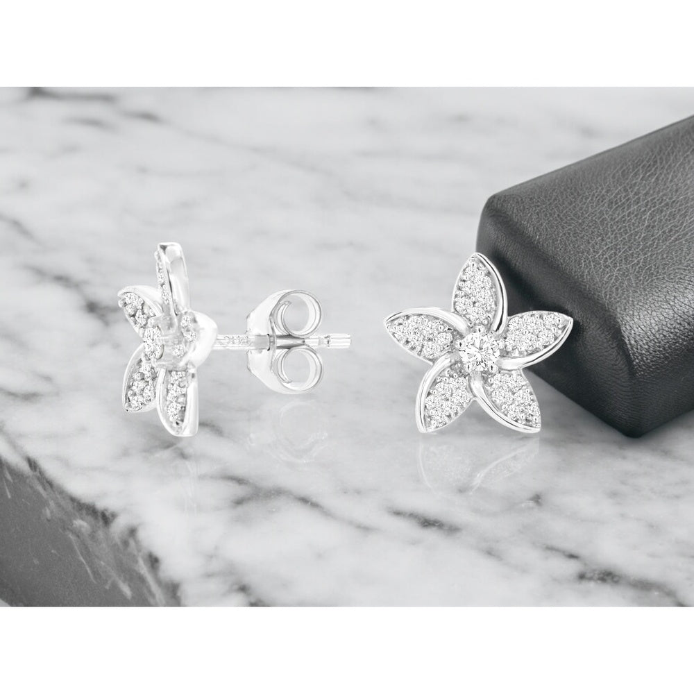 14K White Gold Floral Stud Earrings with Round Center and Pavé Diamond Petals - 0.26 Carat Total Diamond Weight - Royal Jewelry