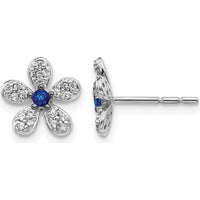 14K White Gold Floral Stud Earrings with Round Sapphire and Diamond Accents - 0.07 Carats Total Gem Weight by Monteluci Fine Jewelry