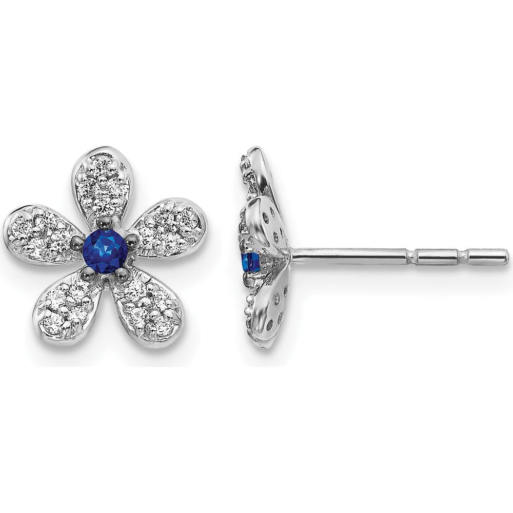14K White Gold Floral Stud Earrings with Round Sapphire and Diamond Accents - 0.07 Carats Total Gem Weight by Monteluci Fine Jewelry
