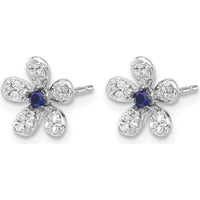 14K White Gold Floral Stud Earrings with Round Sapphire and Diamond Accents - 0.07 Carats Total Gem Weight by Monteluci Fine Jewelry