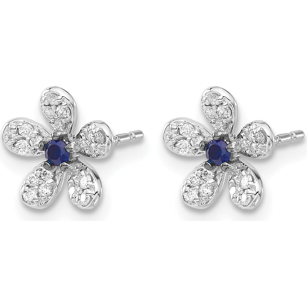 14K White Gold Floral Stud Earrings with Round Sapphire and Diamond Accents - 0.07 Carats Total Gem Weight by Monteluci Fine Jewelry
