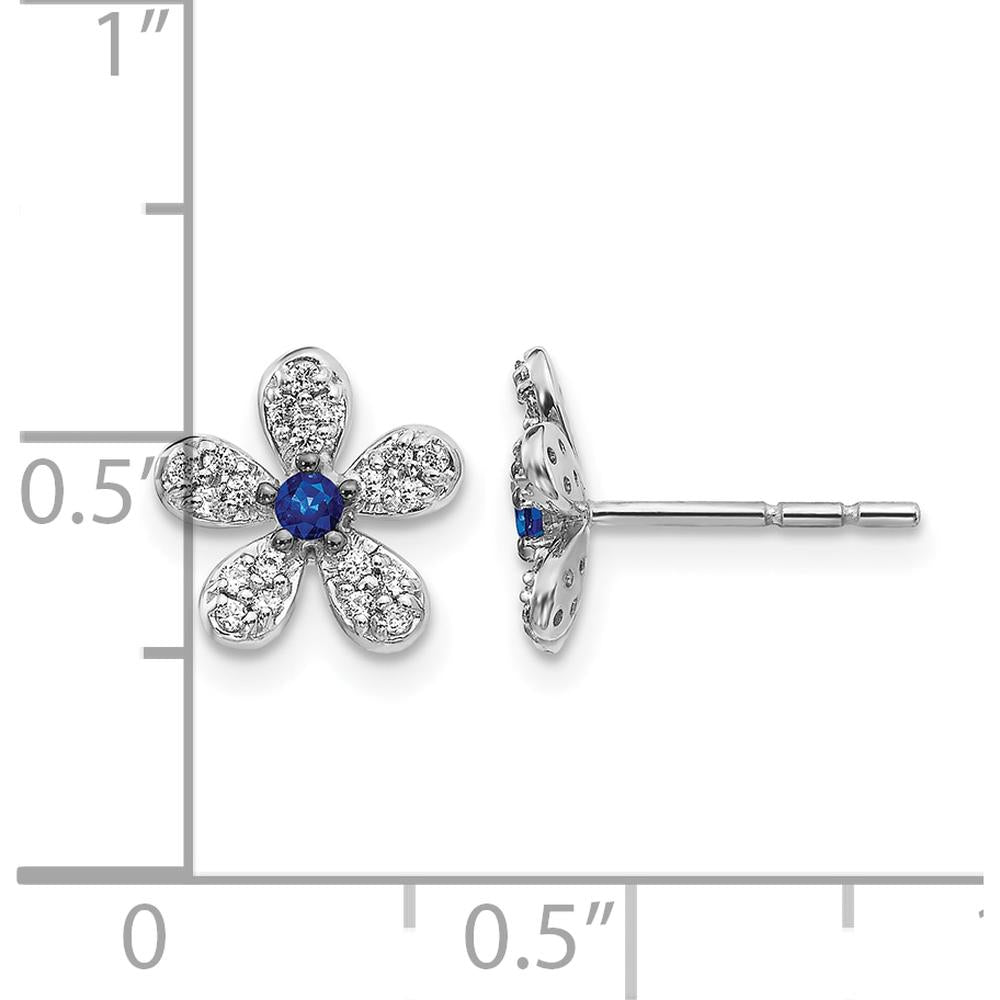 14K White Gold Floral Stud Earrings with Round Sapphire and Diamond Accents - 0.07 Carats Total Gem Weight by Monteluci Fine Jewelry