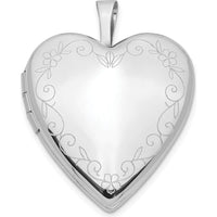 14K White Gold Floral Vine Border Heart Locket Pendant with Engravable Surface - 20mm by Monteluci Fine Jewelry