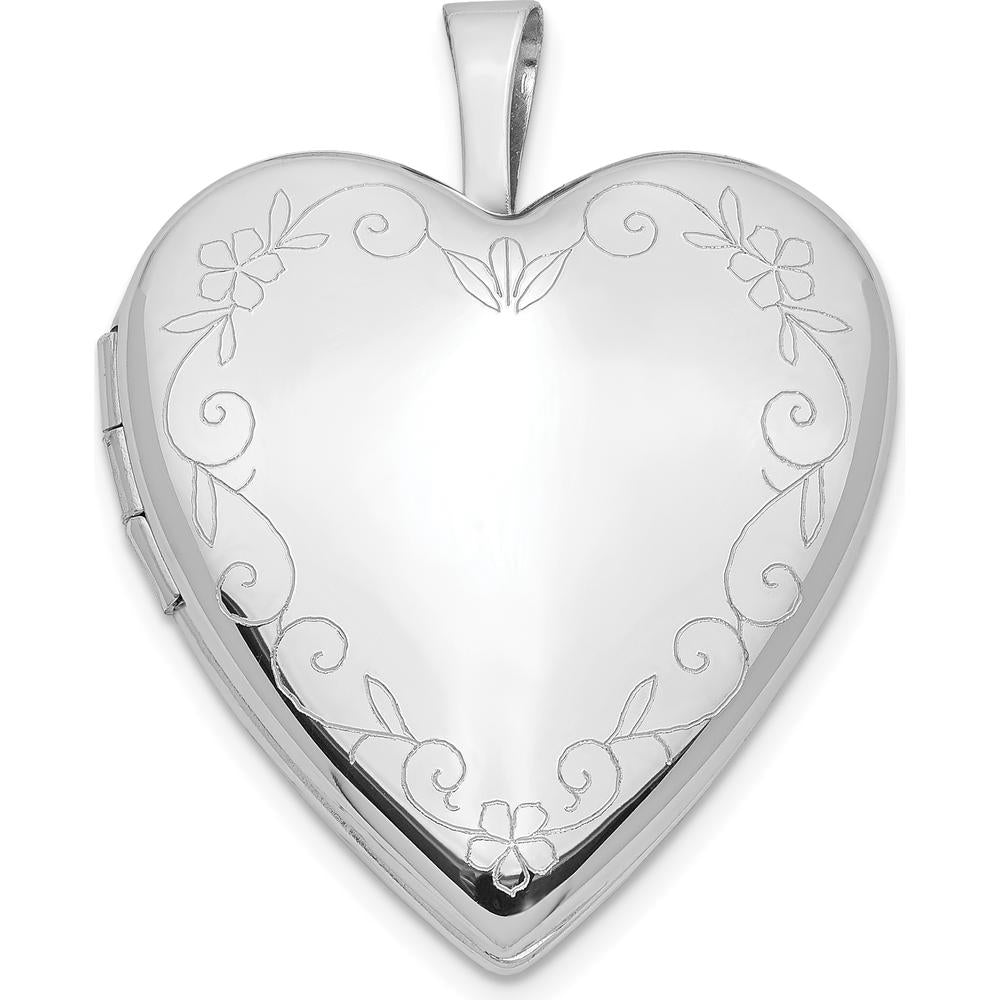 14K White Gold Floral Vine Border Heart Locket Pendant with Engravable Surface - 20mm by Monteluci Fine Jewelry