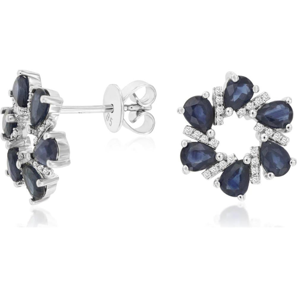 14K White Gold Floral Wreath Stud Earrings with Pear Cut Blue Sapphires and Diamond Accents - 2.36 Total Carat Weight - Royal Jewelry