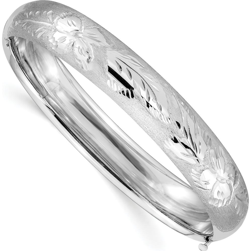 14K White Gold Florentine Engraved Hinged Bangle Bracelet - 10mm Width by 0