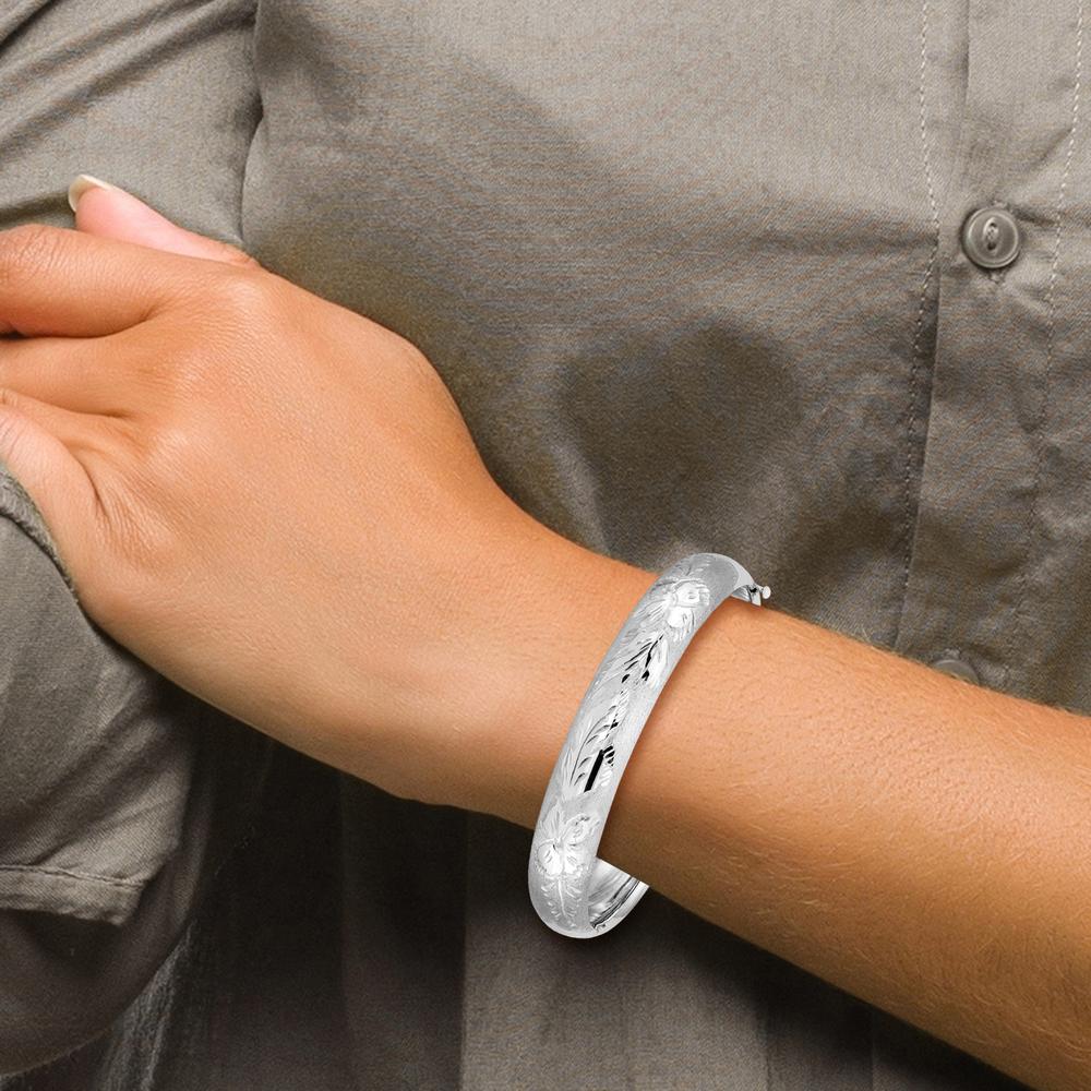 14K White Gold Florentine Engraved Hinged Bangle Bracelet - 10mm Width by 0
