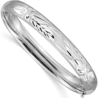 14K White Gold Florentine Engraved Hinged Round Bangle Bracelet with Diamond-Cut Texture - 8mm Width by 0