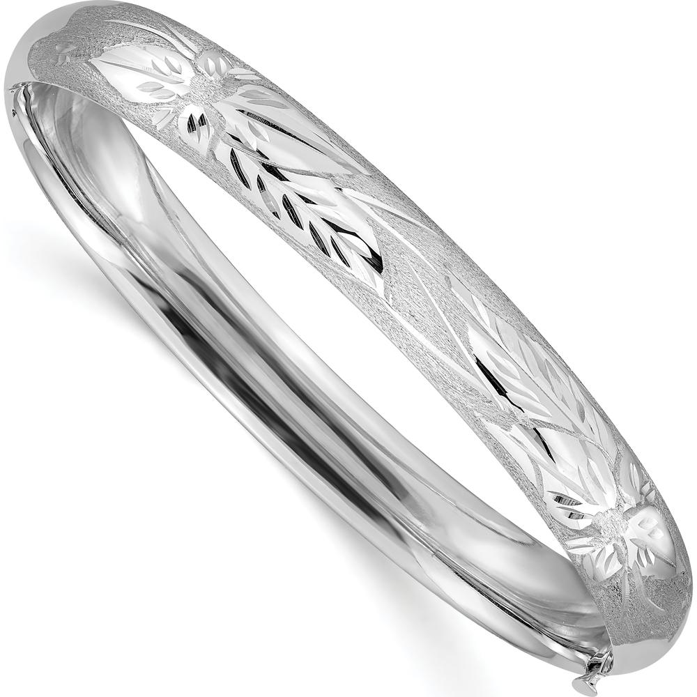14K White Gold Florentine Engraved Hinged Round Bangle Bracelet with Diamond-Cut Texture - 8mm Width by 0