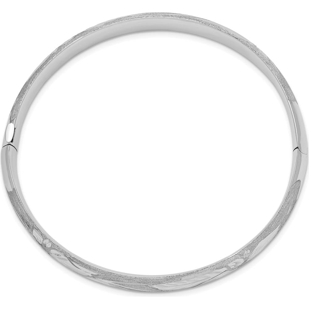 14K White Gold Florentine Engraved Hinged Round Bangle Bracelet with Diamond-Cut Texture - 8mm Width by 0