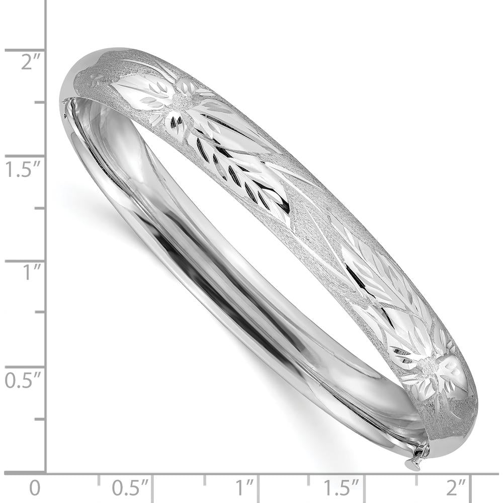 14K White Gold Florentine Engraved Hinged Round Bangle Bracelet with Diamond-Cut Texture - 8mm Width by 0