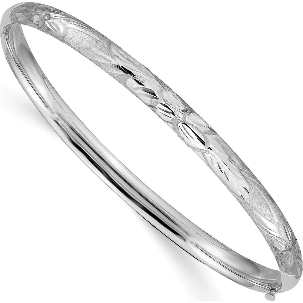 14K White Gold Florentine Engraved Hinged Round Bangle Bracelet with Diamond-Cut Texture by 0