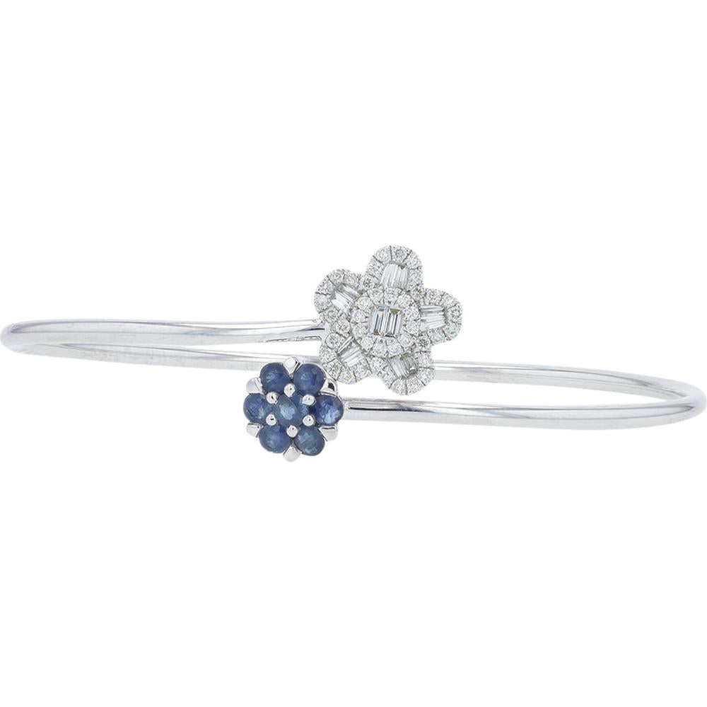 14K White Gold Flower Bypass Bangle with 0.65 Carat Sapphire and 0.50 Carat Diamond Accents