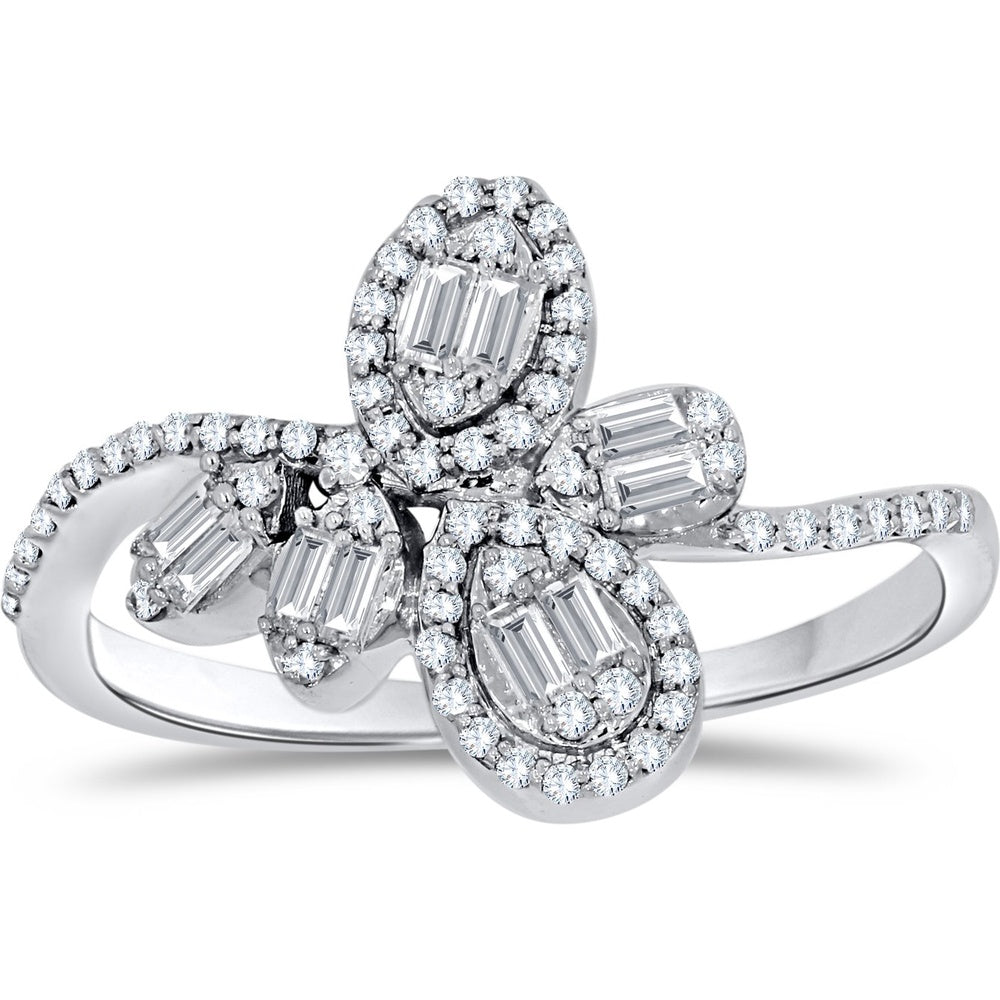 14K White Gold Flower Bypass Ring with Baguette and Round Diamonds - 0.33 Carat Total Diamond Weight by Auriventus