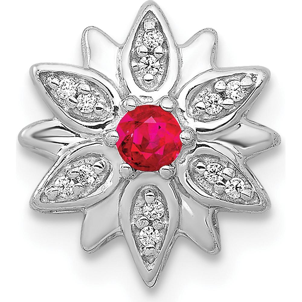 14K White Gold Flower Chain Slide Pendant with 1/20 Carat Ruby and Diamond Accents - 0.09 Carat Total Ruby Weight by Monteluci Fine Jewelry