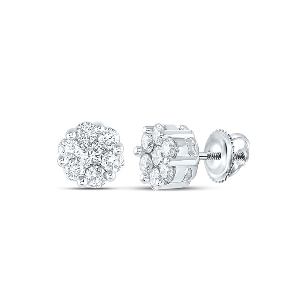 14K White Gold Flower Cluster Stud Earrings with Invisible-Set Round Diamonds - 1 Carat Total Diamond Weight