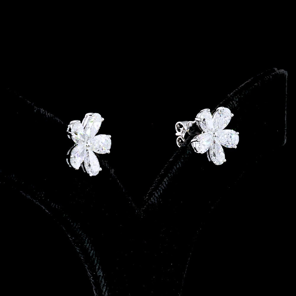 14K White Gold Flower Cluster Stud Earrings with Pear Shape Lab Diamonds - 3.70 Carat Total Weight (E-F Color, VS Clarity) - Covaloro Fine Jewelry