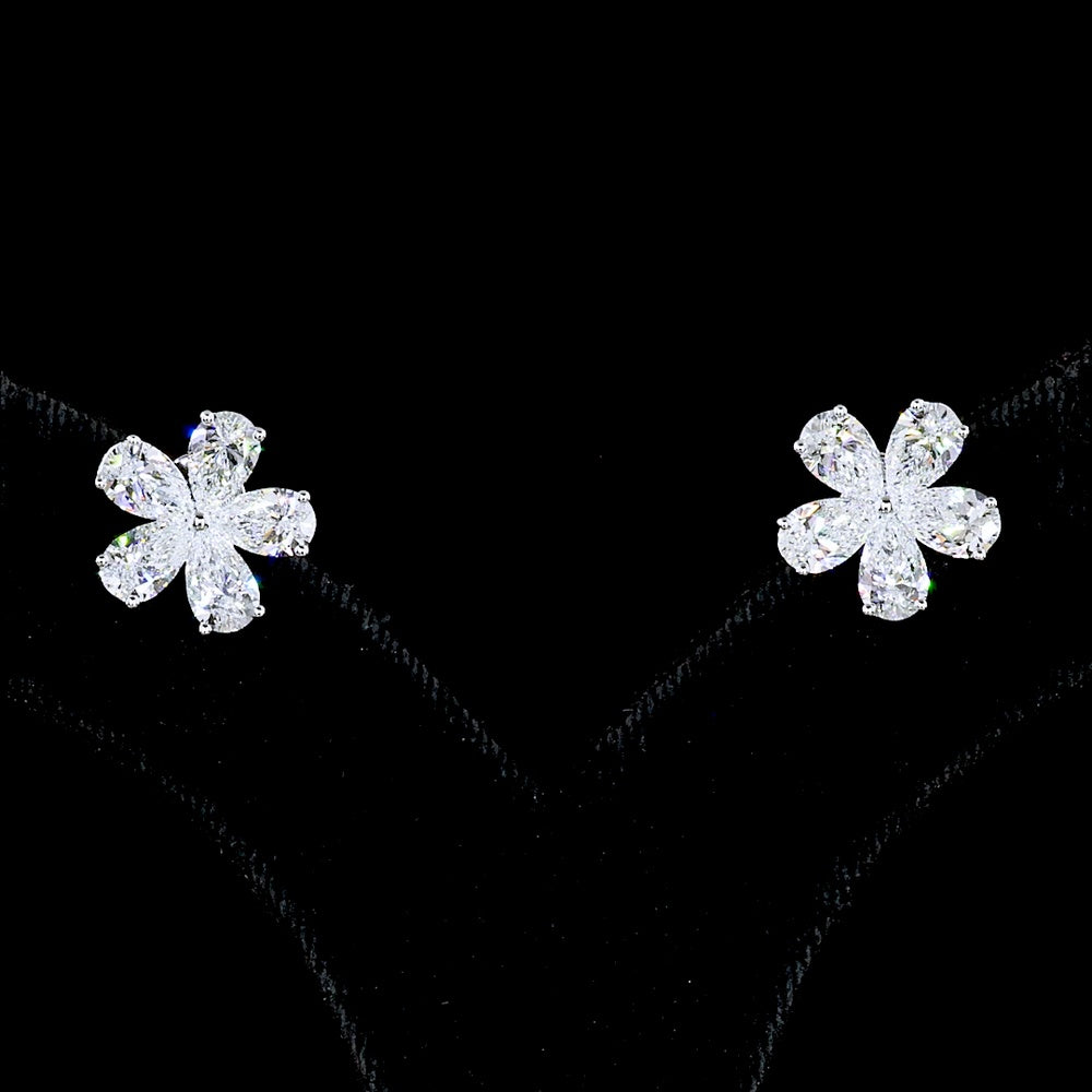 14K White Gold Flower Cluster Stud Earrings with Pear Shape Lab Diamonds - 3.70 Carat Total Weight (E-F Color, VS Clarity) - Covaloro Fine Jewelry