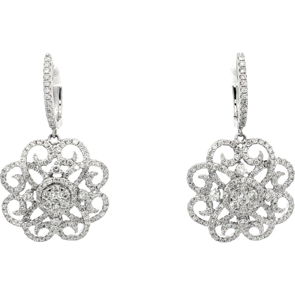14K White Gold Flower Dangle Earrings with Prong-Set Round Diamonds - 2.70 Carat Total Diamond Weight by Auriventus