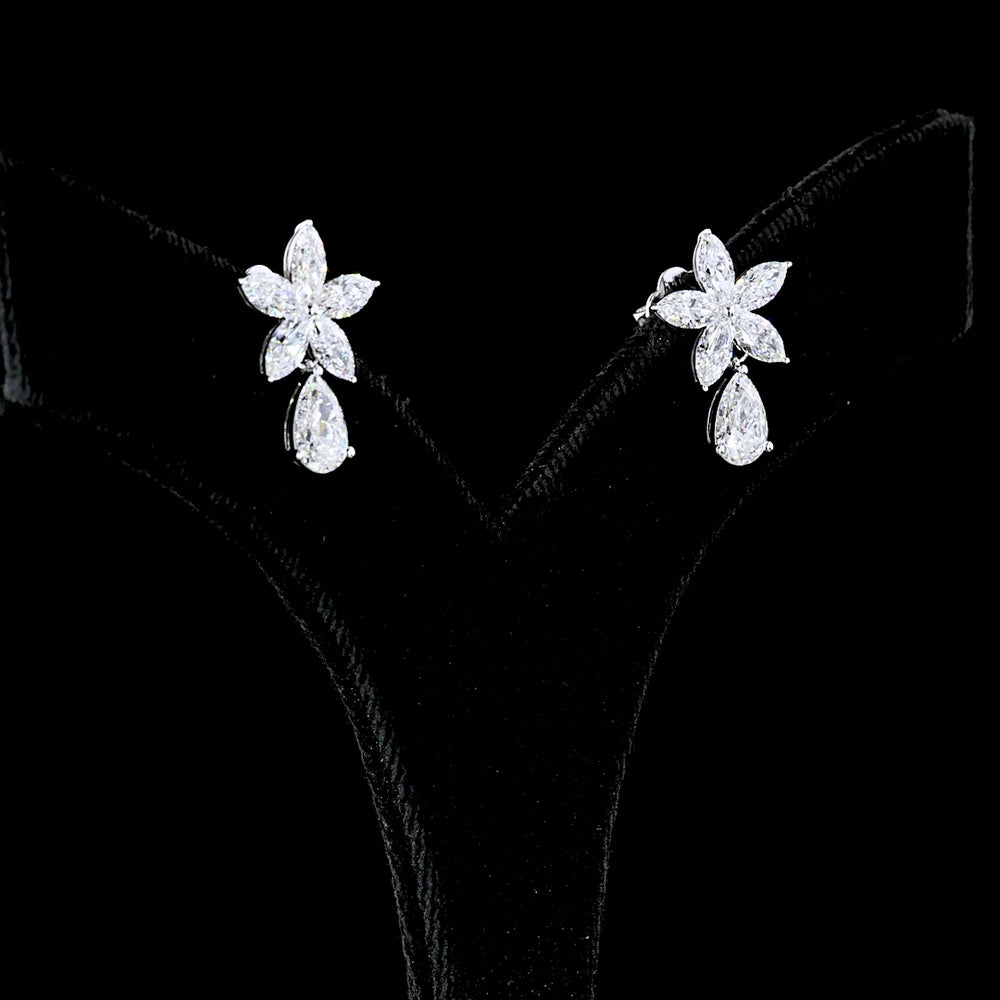 14K White Gold Flower Drop Earrings with Pear and Marquise Lab Diamonds - 3.20 Carats Total Diamond Weight - Covaloro Fine Jewelry
