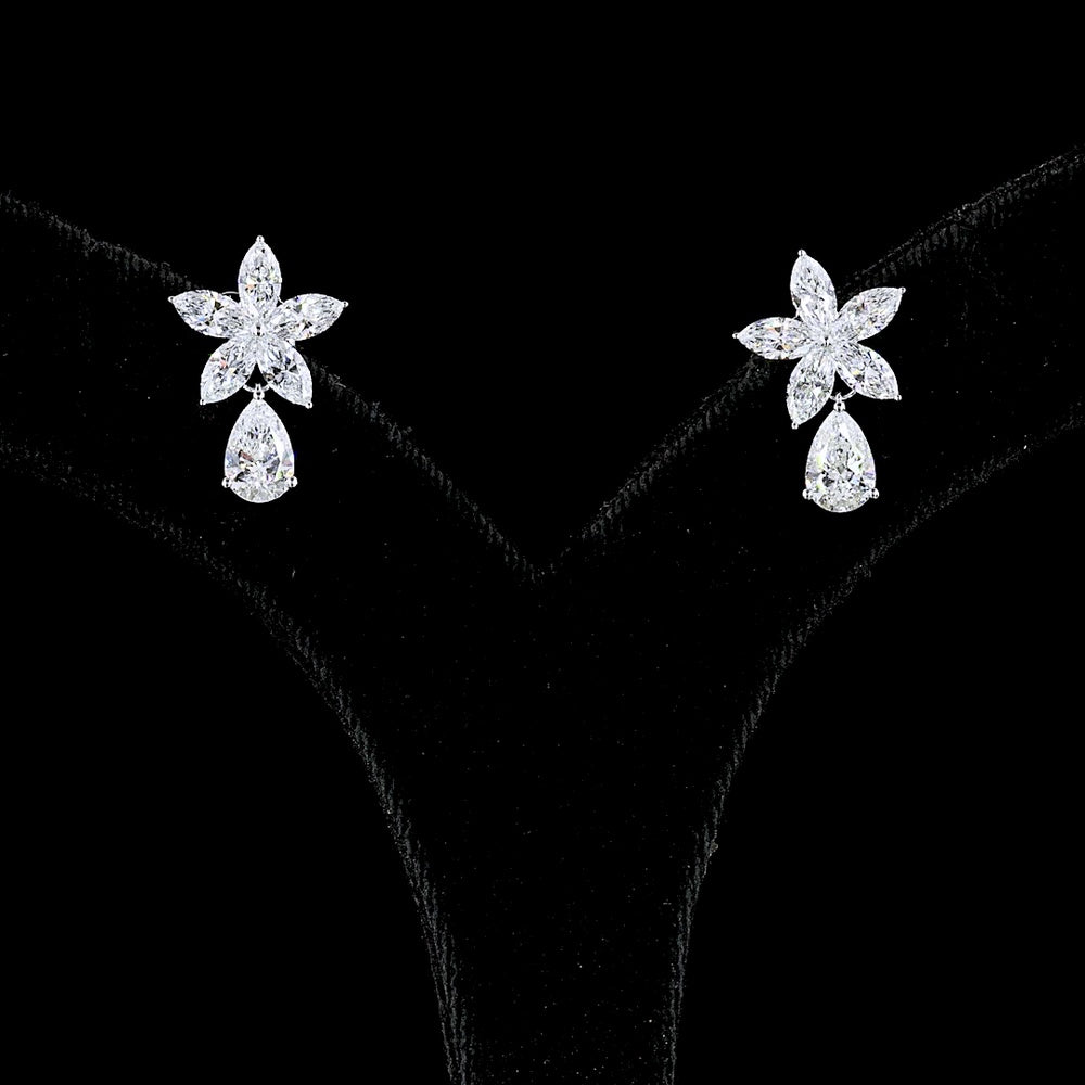 14K White Gold Flower Drop Earrings with Pear and Marquise Lab Diamonds - 3.20 Carats Total Diamond Weight - Covaloro Fine Jewelry