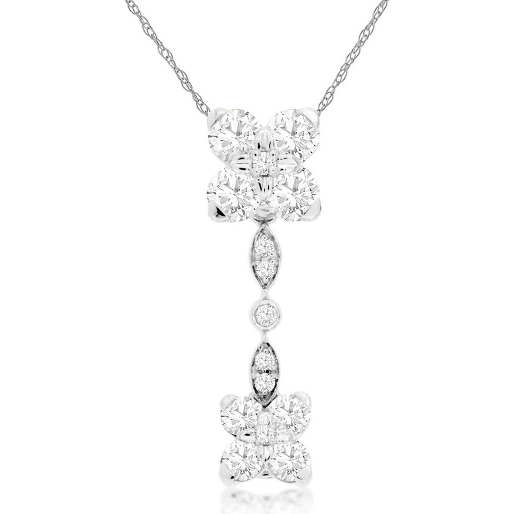 14K White Gold Flower Drop Necklace with Round and Marquise Diamond Clusters - 0.50 Carat Total Diamond Weight - Royal Jewelry
