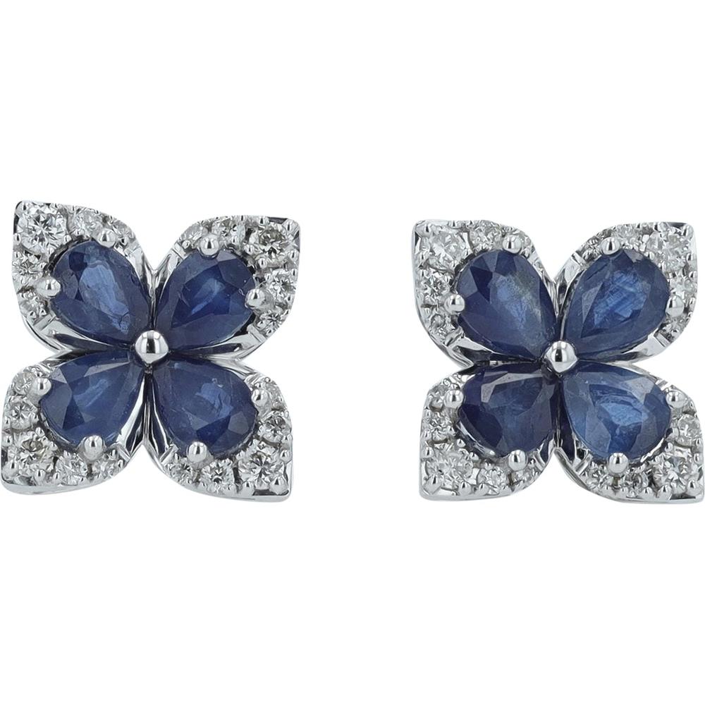 14K White Gold Flower Earrings with Blue Sapphires and Diamonds - 1.25 Carat Total Gemstone Weight