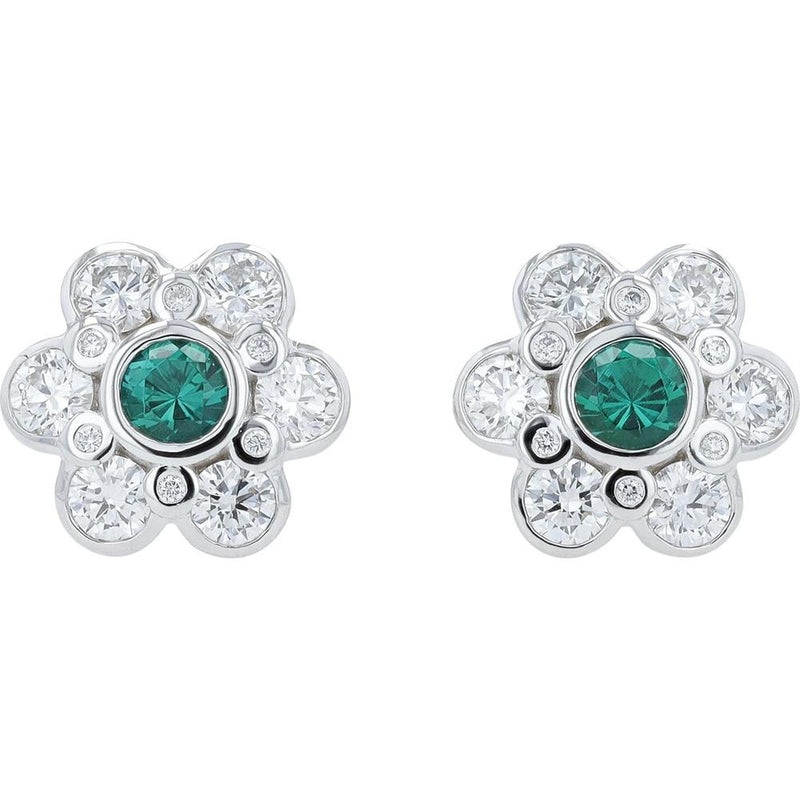 14K White Gold Flower Earrings with Lab-Grown Emeralds and Lab Grown Diamonds - 2.25 Carat Total Gem Weight